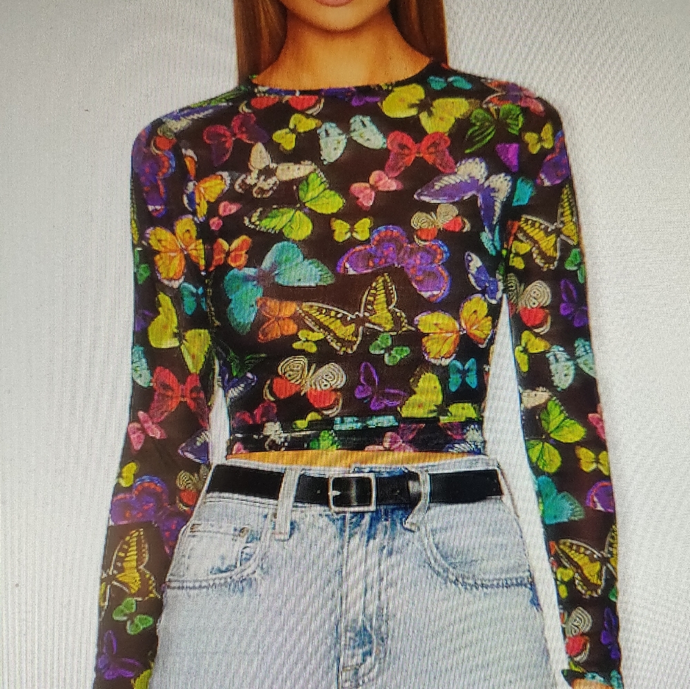 Alice + Olivia Print Butterfly Mesh Cropped Top S NWT